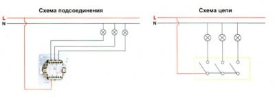 Фото: Тройной проходной выключатель и наиболее распространенная схема его подключения: