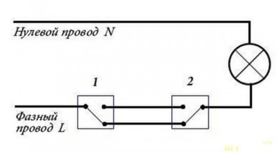 Фото: Простая схема подключения проходного выключателя